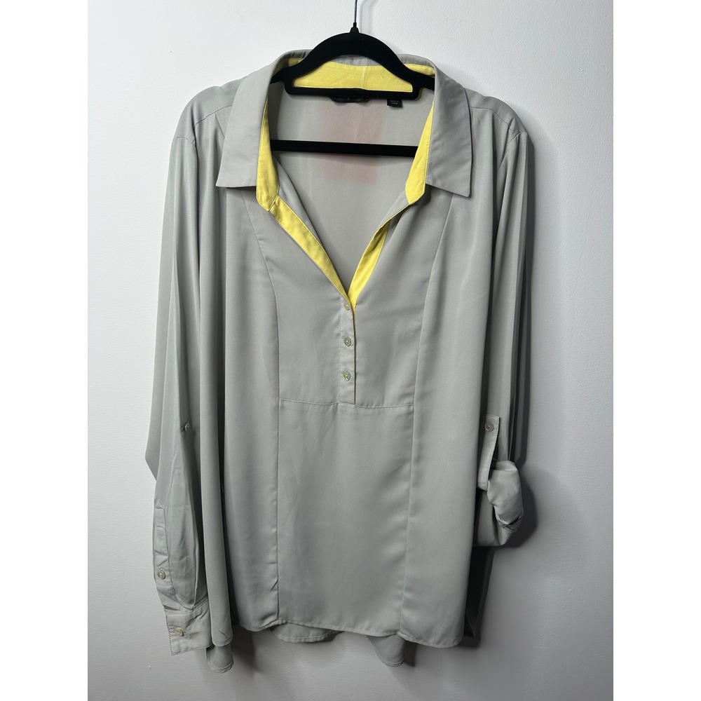 Investments II Womens 2X Gray Yellow Trim Roll Tab Sleeve Blouse Top